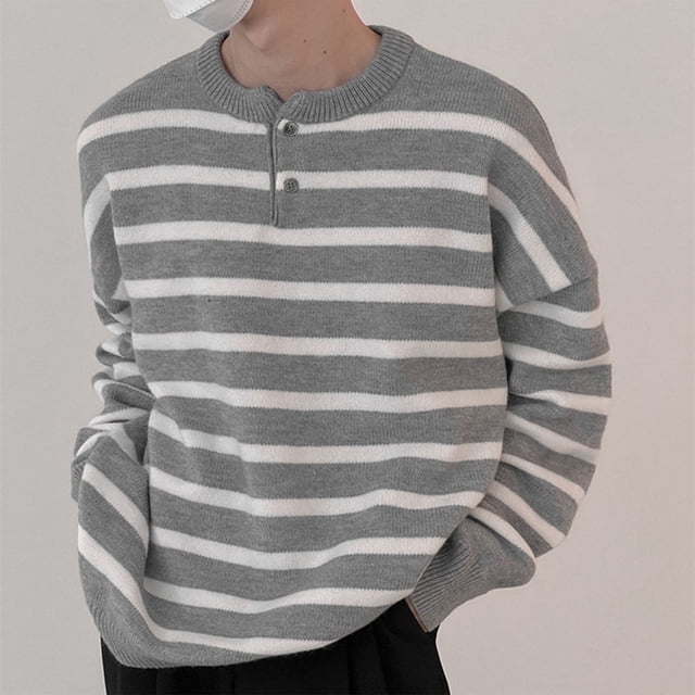 Weiqiqre Sweaters for Men Slim Fit Basic Stripe Knitted Lightweight Turtleneck Pullover Button Thermal Fall Winter Sweater
