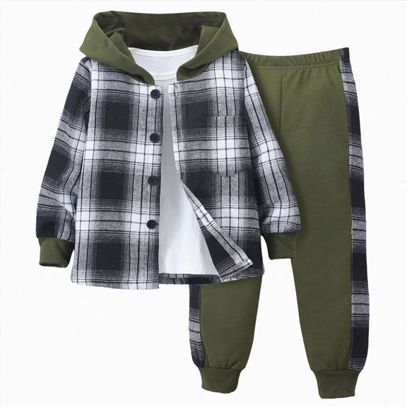 Gvdentm 5T Little Boys Clothes Toddler Boy Clothes 3T 2Pcs Kids Boys Flannel Plaid Shirt Tops Pants Set Hoodie Sweatsuit for Fall Winter Spring Outfits