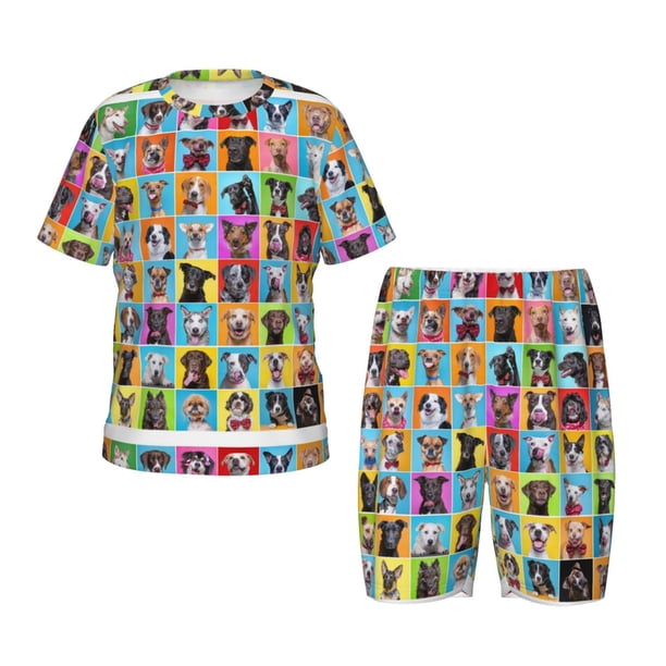 Fotbe Cute Dogs Collage Pijama Estampada de 2 Piezas para Niños – Ropa de Dormir de Manga Corta Cómoda para Niños y Niñas, Camiseta y Shorts de Algodón-Small