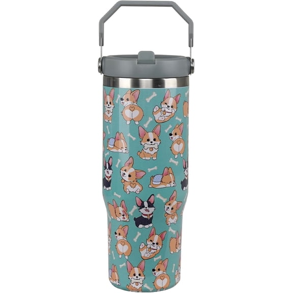 Corgi Tumbler with Handle 30oz - Insulated Stainless Steel Dog Lover Gift Cup with Flip Straw Lid | Corgi Mug for Women