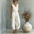 thumbnail image 5 of Women's Summer 2 Piece Outfits Sleeveless V Neck Belted Crop Tops Wide Leg Pant Sets Casual Tracksuit White, 5 of 7