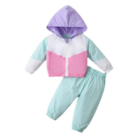 Odeerbi 6M-3Y Toddler Girls Outfits Color Block Hoodies Sweatpants Two-piece Set Sports Zipper Long Sleeve Hooded Sweatsuits Toddler Girls Clothes