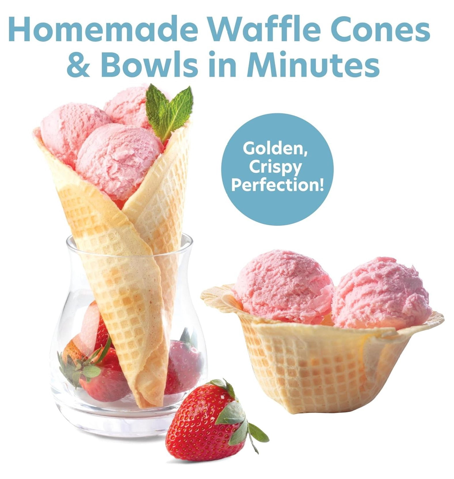 Waffle Cone and Bowl Maker for Homemade Cones- Includes Shaper & Bowl Press- Electric Nonstick Waffler Iron Machine for Sundaes or DIY Dessert, Summer BBQ Gift Treat for Kids Adults