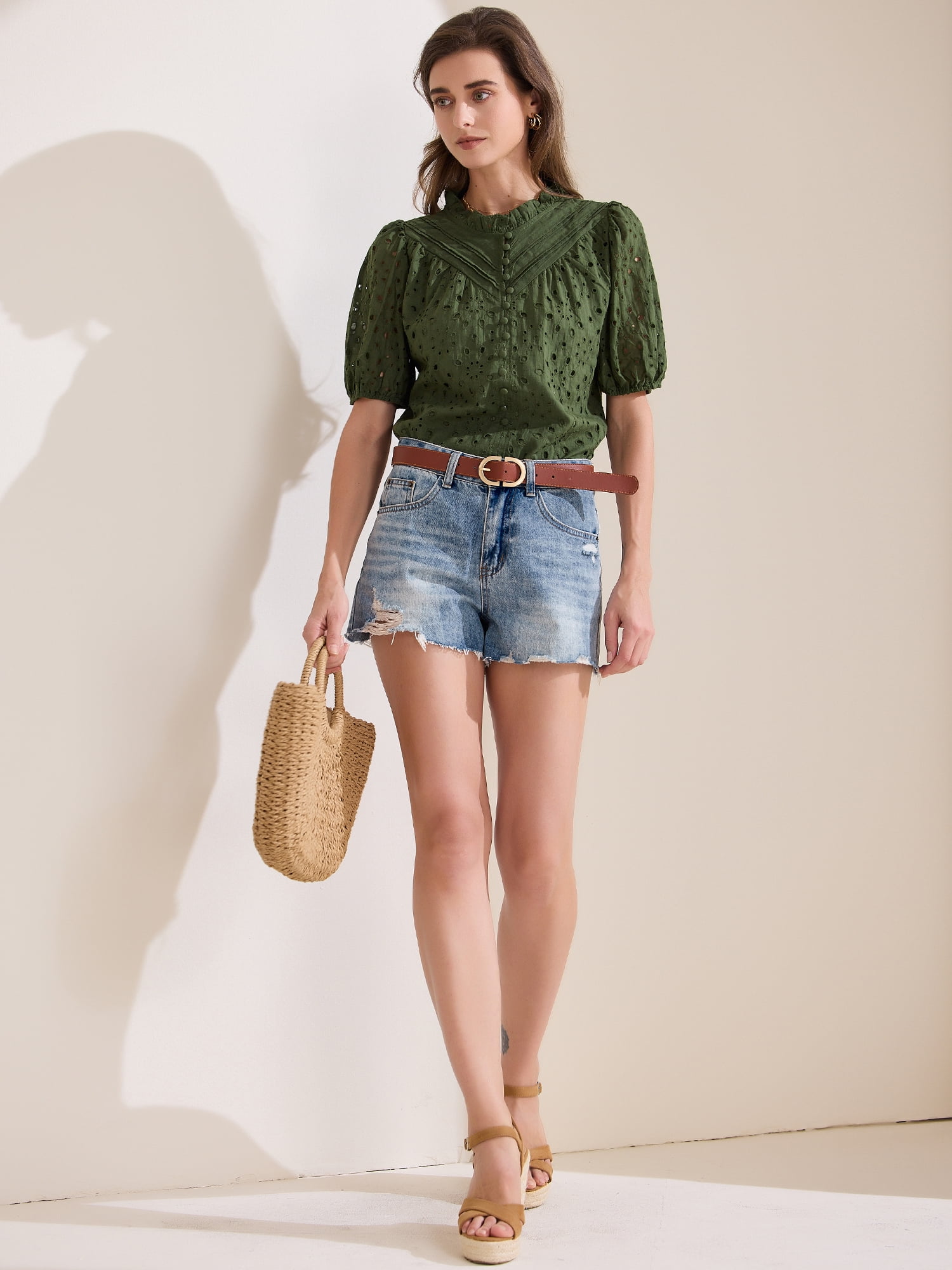 DARING DIVA Women's Crochet Hollow Out Ruffle Neck Peasant Blouse L Green