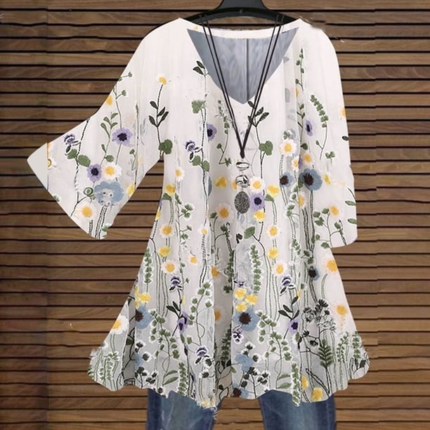 Blusas Fnochy para mujer, elegantes, informales, de verano, gran liquidación, con estampado floral, manga corta, cuello en V, camisas y tops finos