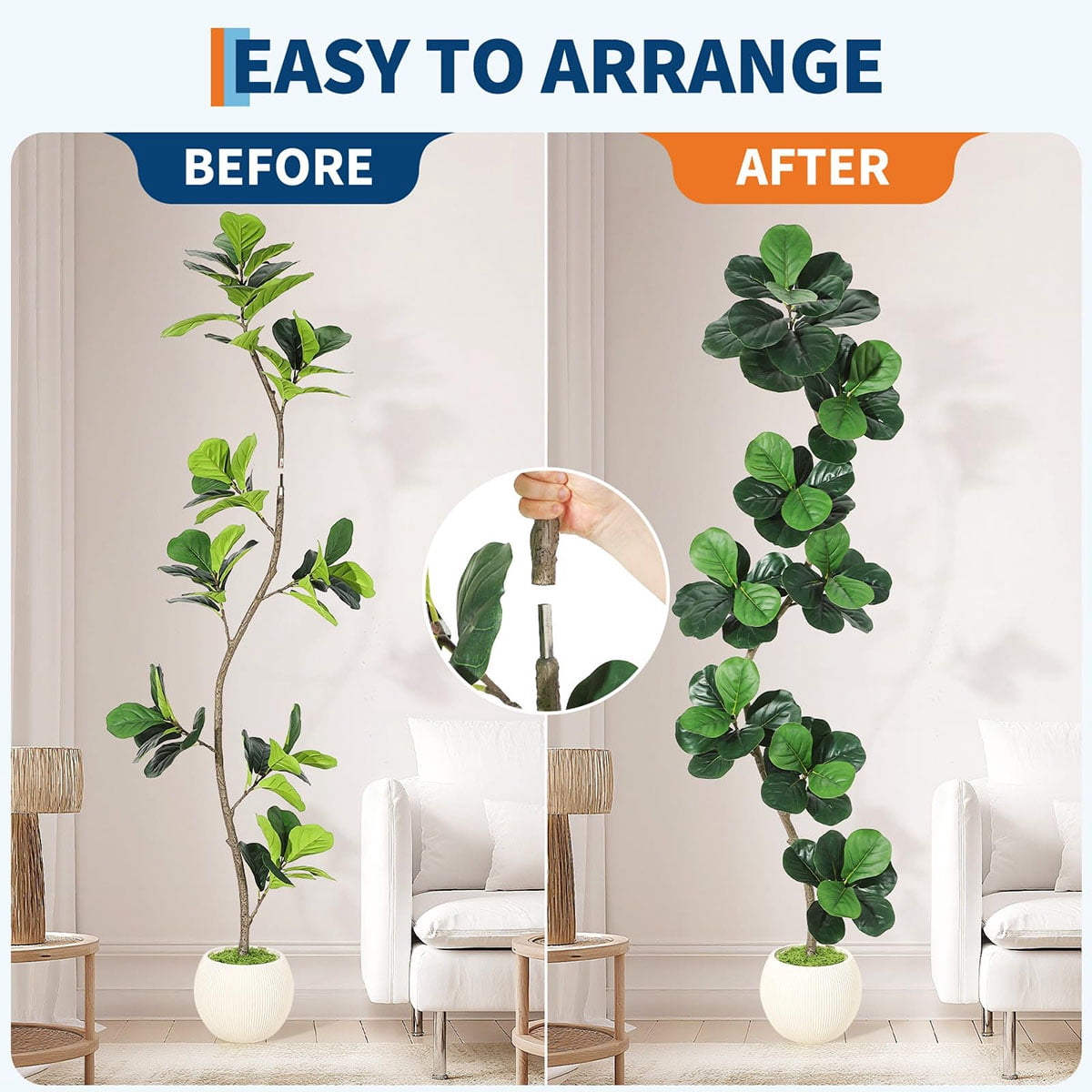 Ataucjin 5ft Fiddle Leaf Fig Artificial Tree, Faux Plants Indoor with Moss&White Planter, Fake Rubber Tall Fake Floor Plant in Pot,Artificial Trees for Home Office Living Room Decor