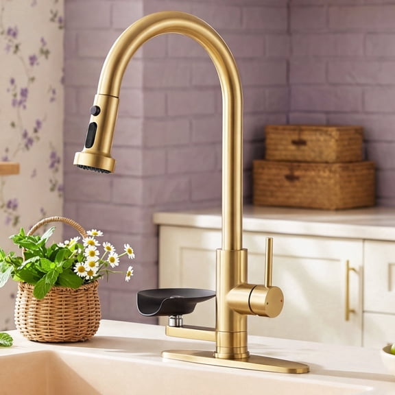 Sunrinx Brushed Gold 3-in-1 Kitchen Sink Faucet,High-Arc Design Kitchen Faucet with Pull-Down Sprayer, 3 Function Spray Modes Kitchen Faucets for Modern Kitchen with Press-Type Glass Rinser