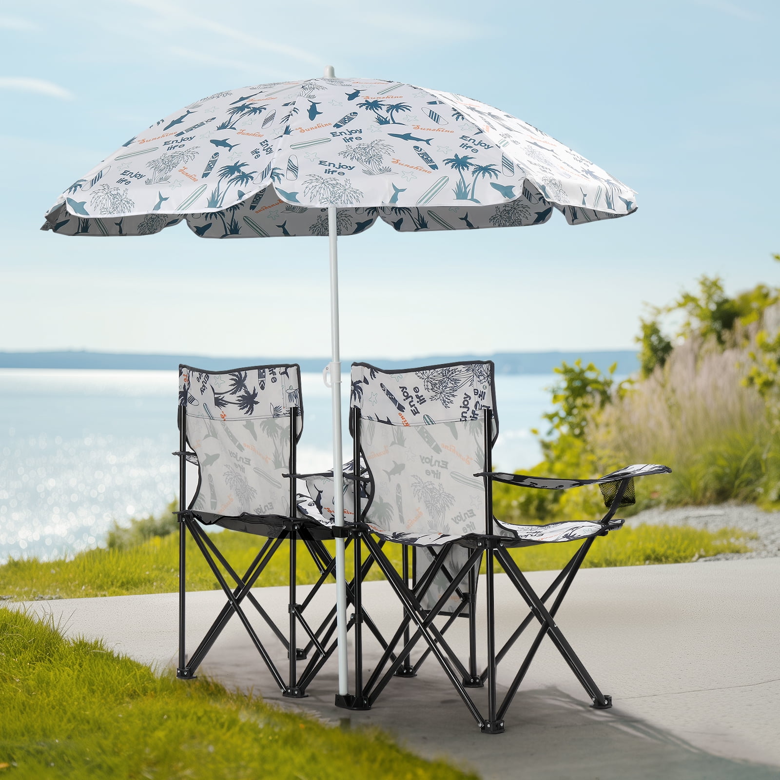 Ktaxon Camping Loveseat Chair, Folding Double Outdoor Chair with Removable Sun Umbrella & Carrying Bag, Double Chairs with Cooler Bag for Lawn Fishing Outdoor, Coconut Tree