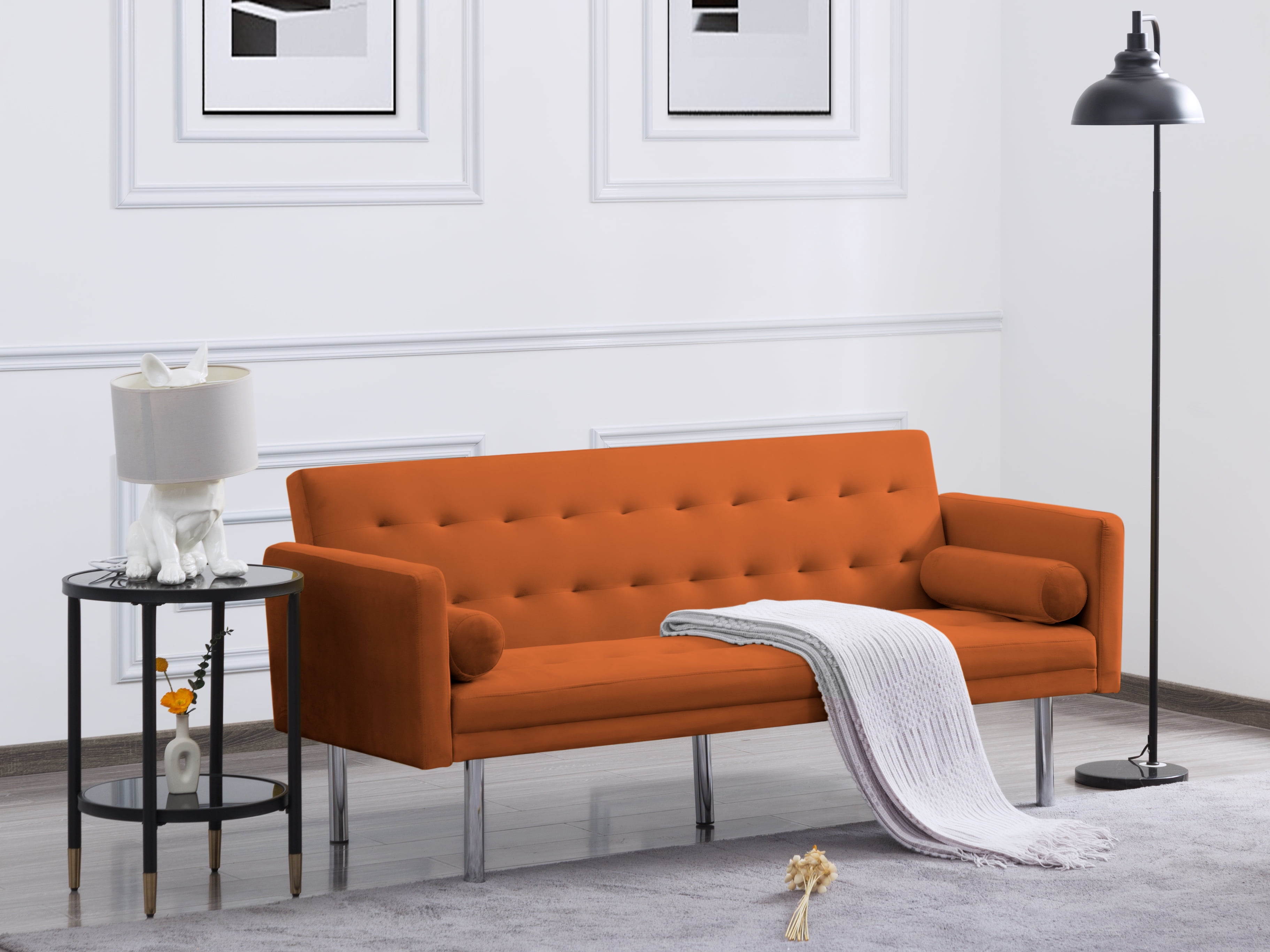 DEALTOPS Velvet Futon Sofa Bed Upholstered Convertible Sofa Couch, Recliner Modern Tufted Back Couch Lounge for&nbsp;Living Room - Orange