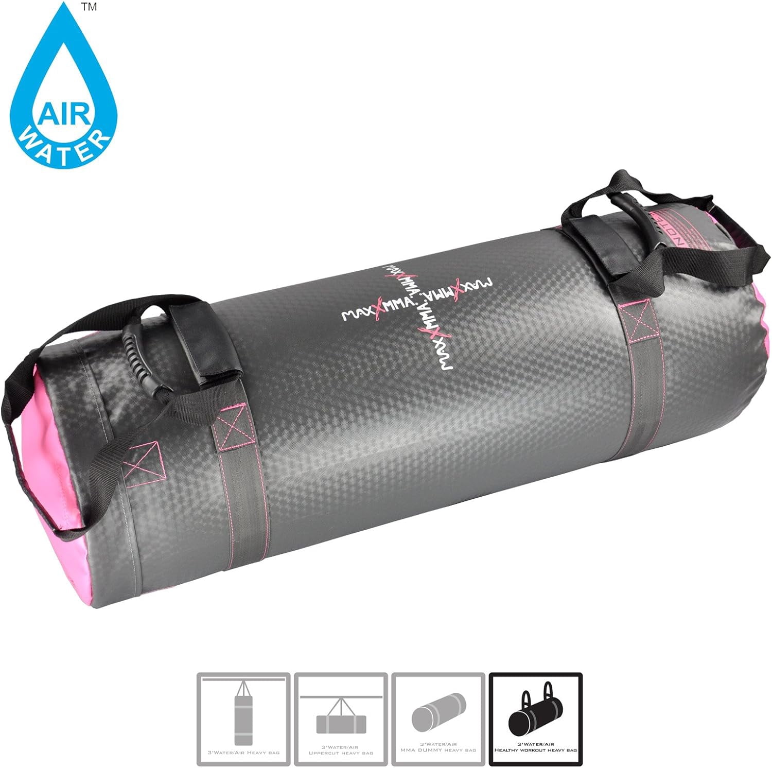 MaxxMMA 3ft 4-in-1 Water/Air Punching Bag, Grey/Pink