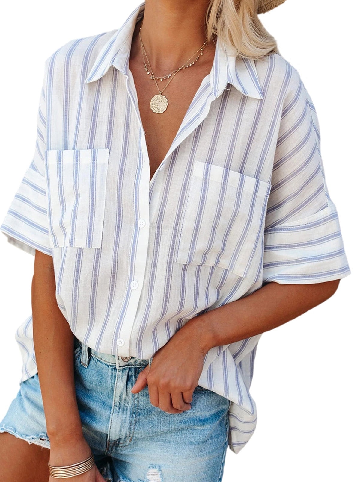 Astylish Womens V Neck Striped Roll up Sleeve Button Down Blouses Tops 