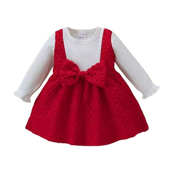Baby Girls Cute Dresses Princess Bow Patchwork Long Sleeve A-Line Dress Sweet Fall Casual Infant Girl Outfits Red 6 Months
