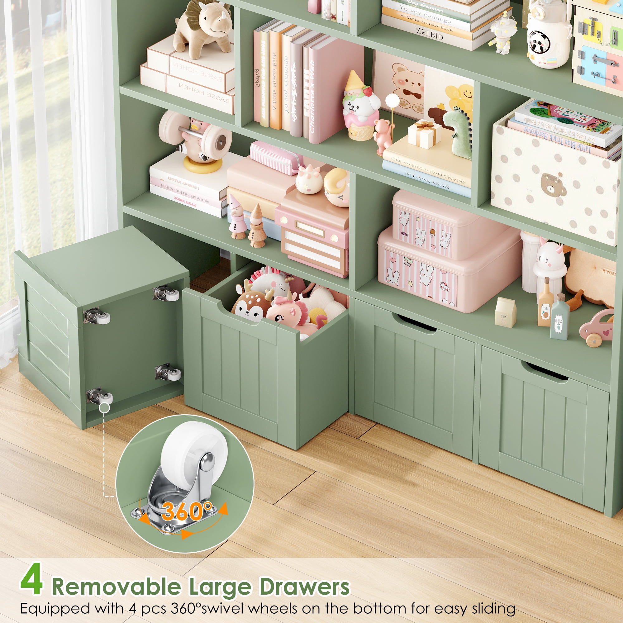 Homfa 7 Cube Toy Storage Organizer, Kids Geometric Bookcase and Bookshelf with 4 Drawers, Green