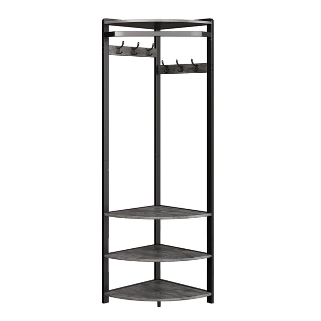 Space-Saving Semi-Circular Corner Coat Rack Hall Tree – 6 Double Hooks, 4 Storage Shelves, Shoe Bench – Freestanding Entryway Organizer for Hallway, Closet, or Apartment – Stone Grey
