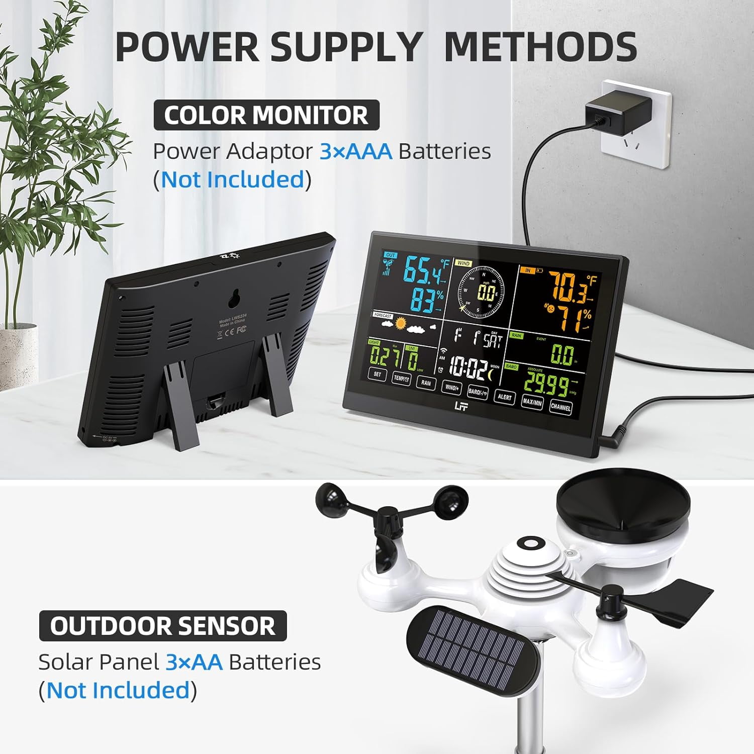 LFF Weather Station, with Outdoor Sensor, Wireless Weather Station with Rain Gauge, UV Index, Wind Speed/Direction, Weather Forecast, Barometer, WiFi Weather Station with 4-Level Adjustable Backlight