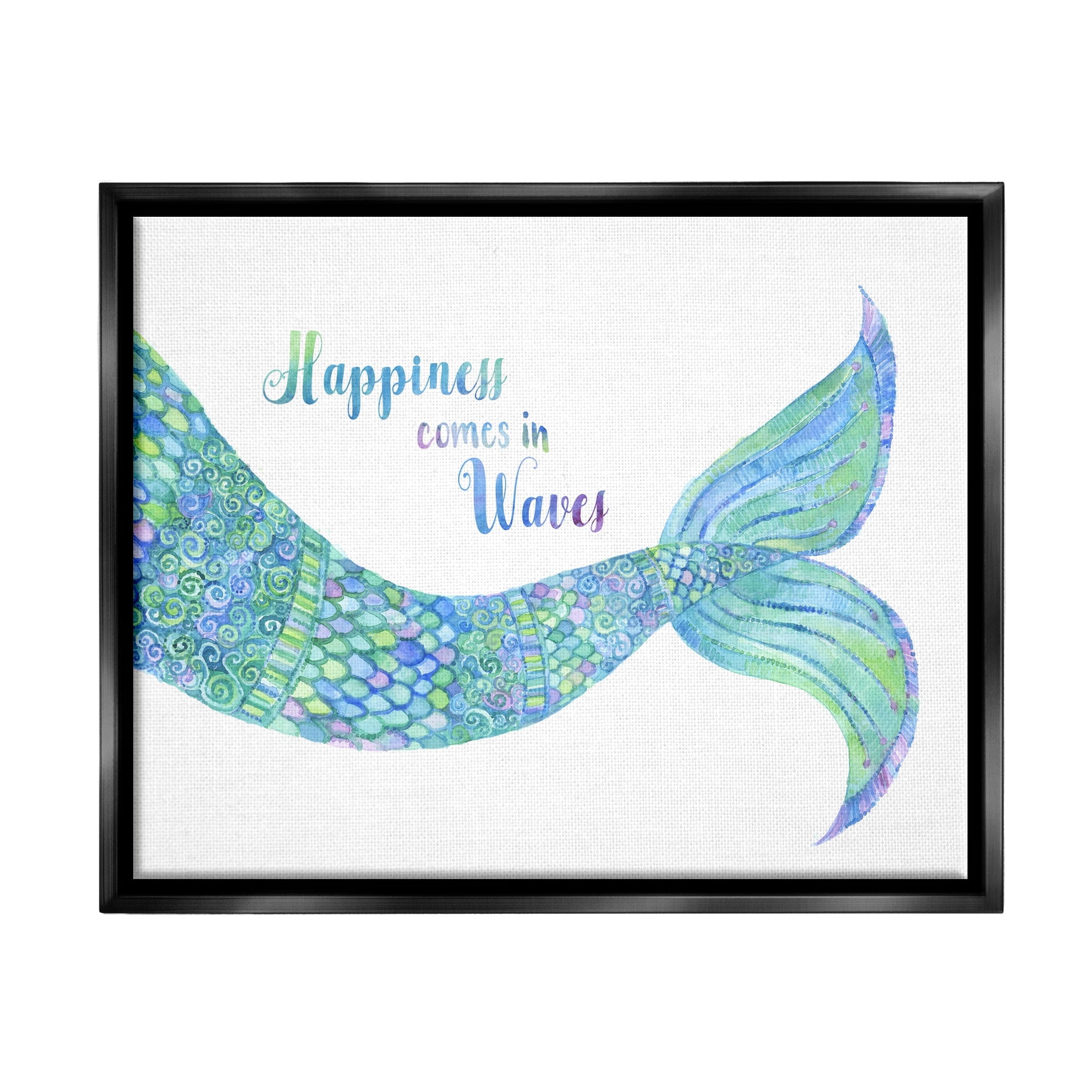 Stupell Industries Happiness Comes in Waves Detailed Mermaid Tail Sentiment Painting Metallic Gold Floating Framed Canvas Print Wall Art, Design by Jackie Decker