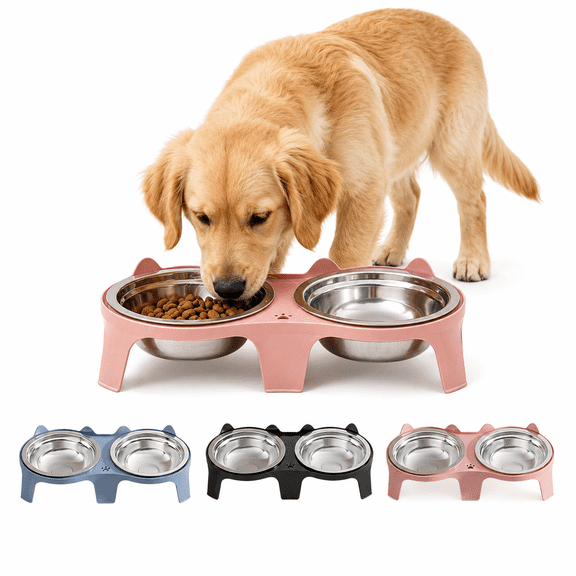 Clearance! Elevated Double Pet Bowls, Tilted Stainless Steel Food Water Feeder with Non Slide Base, Feeding Tray for Cats Dogs
