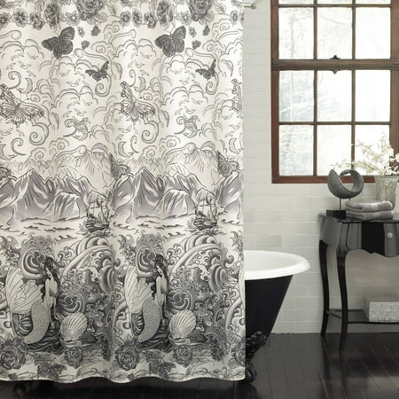 Excell Tateez 70" x 72" Fabric Shower Curtain, Black and White