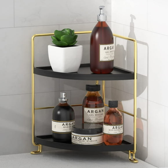 Organizador de mostrador de baño FsyueYun de 2 niveles en esquina dorado/negro