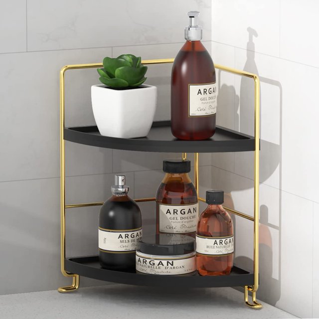Organizador de mostrador de baño FsyueYun de 2 niveles en esquina dorado/negro