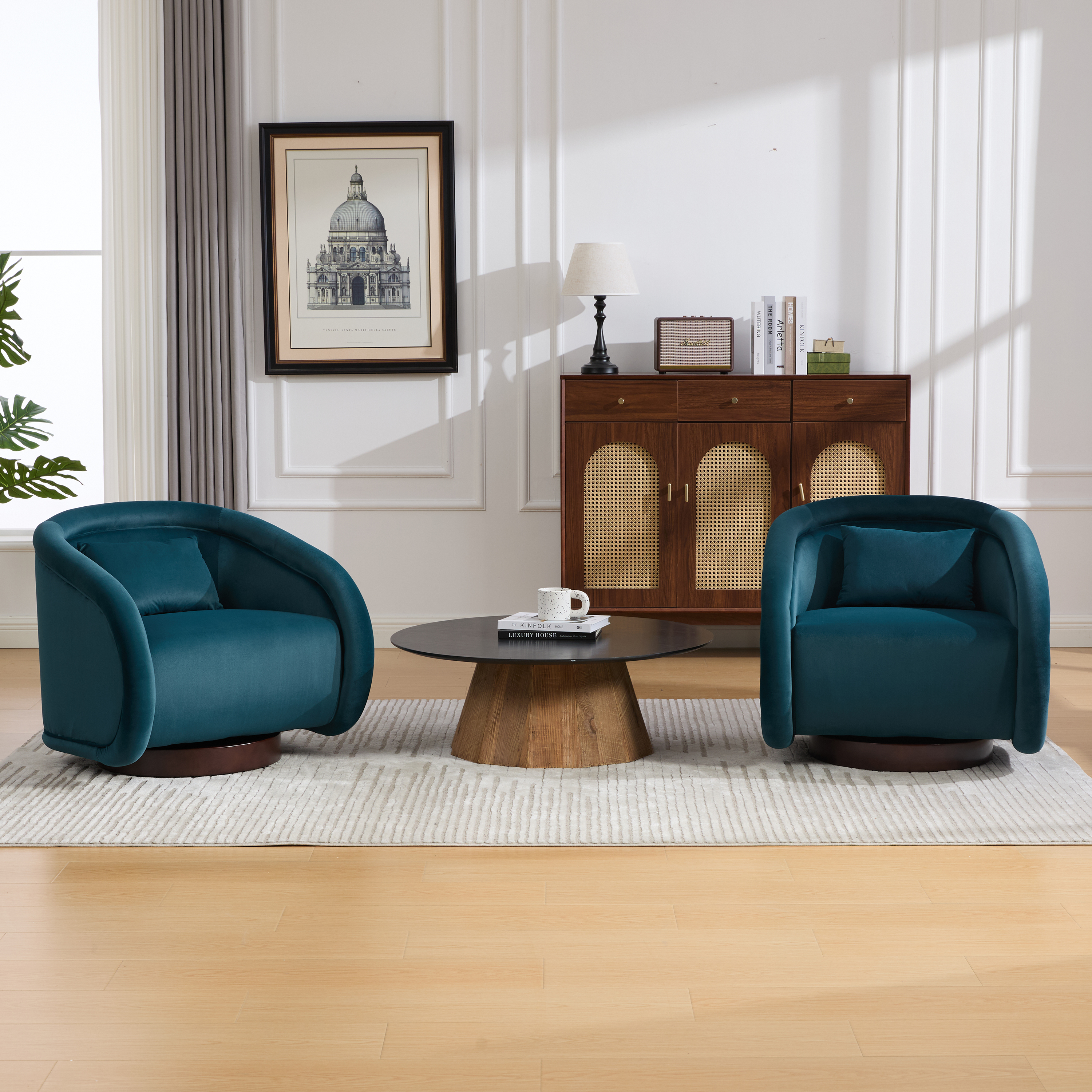 Lunale Swivel Accent Barrel Chair with Plush Pillow, 360 Degree Modern Pumpkin-Shaped Armchair for Living Room, Teal Velvet