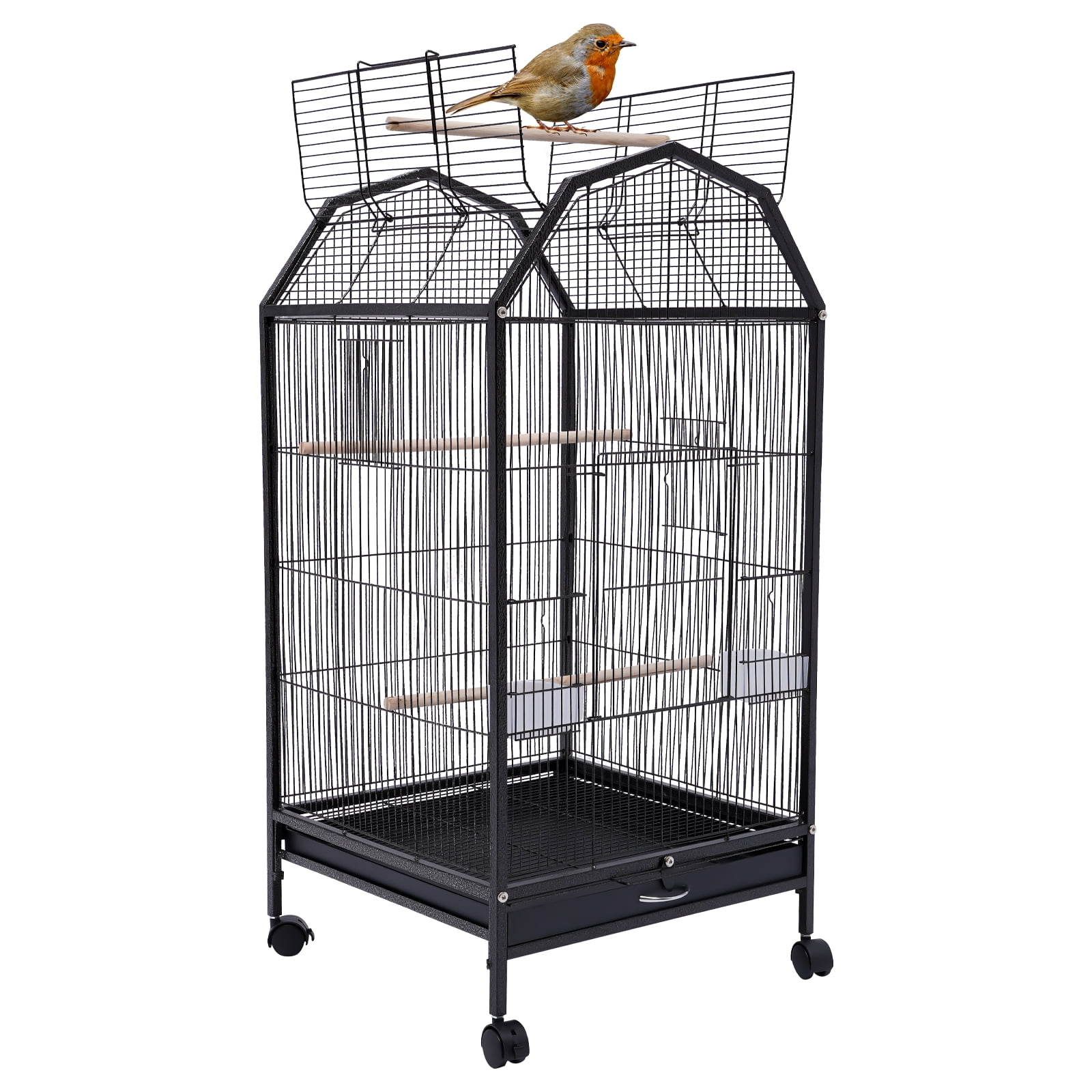 Birdcage Black Iron Bird Flight Cage with Casters, Feeding Cups, Slide-out Tray for Parakeets Cockatiels Lovebirds Canaries Finches Conures