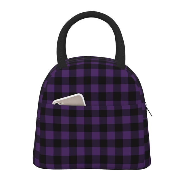 Balery Purple Black Plaid Bolsa de Almuerzo para Mujeres, Caja de Almuerzo, Bolsa de Almuerzo Pequeña Impermeable, Tote de Almuerzo Reutilizable con Gran Capacidad