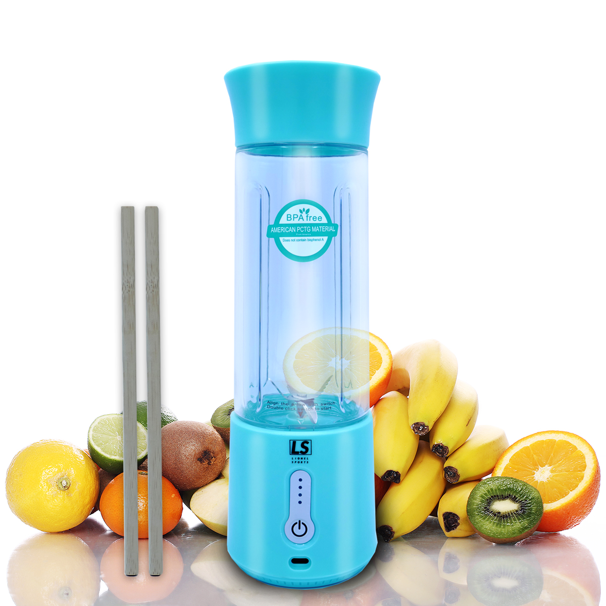LSports | 500ml USB-C Portable Blender with Biodegradable Straws and 1000+ Smoothie Recipes | Blue