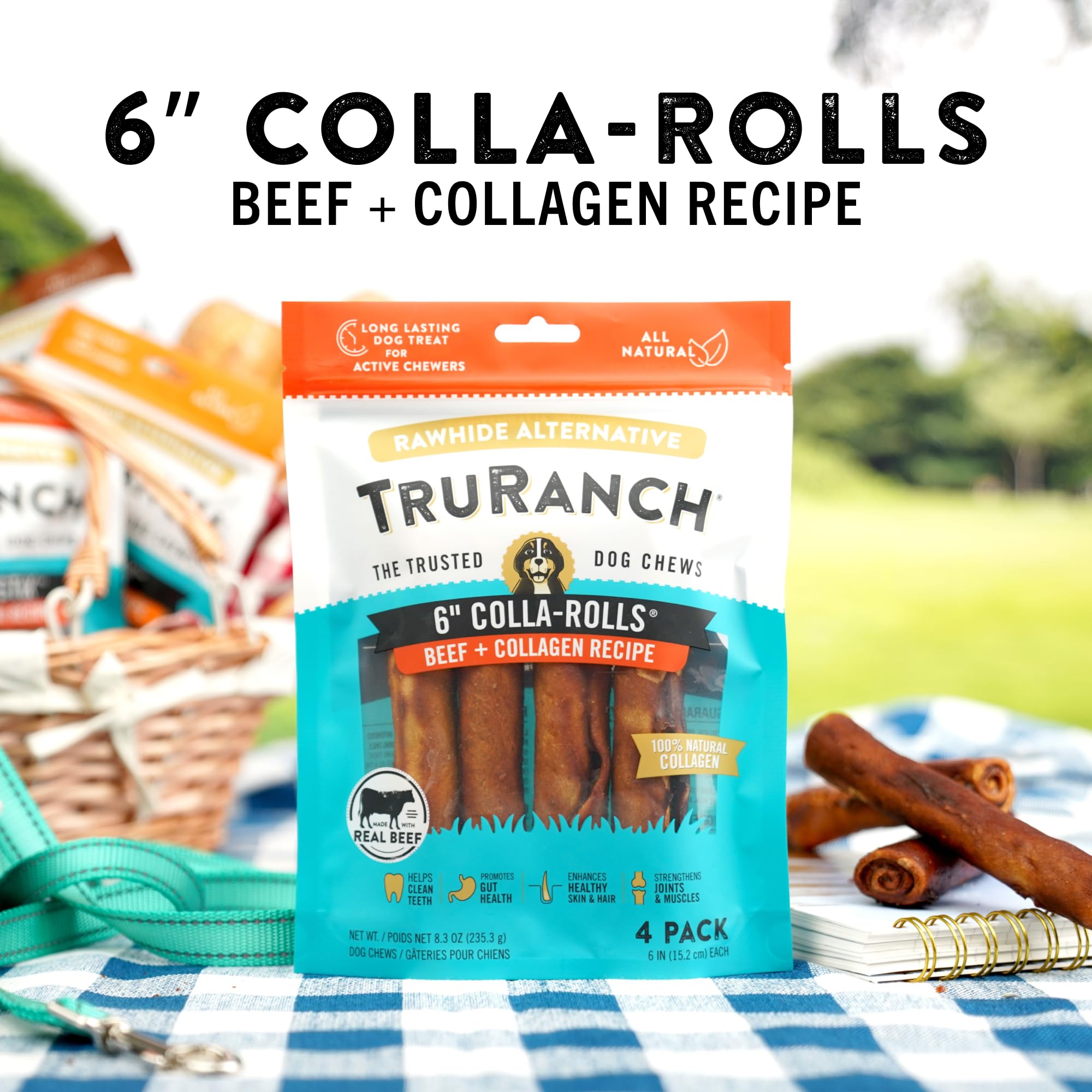 (5 pack) TRURANCH Collagen Rolls - 6" Collagen Rolls for Dogs - Long Lasting Healthy Joint Support Dog Treat - Rawhide Alternative - Skin & Coat Health - Made with Real Beef, 1 Bag, 4 Count