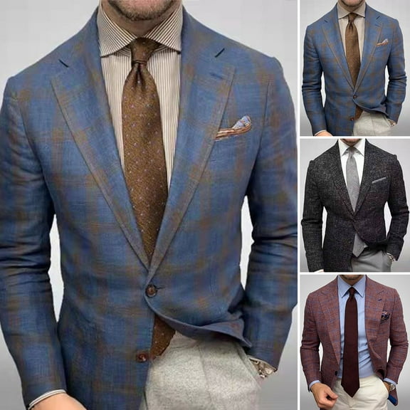 ZenCart Men Suit Coat Lapel Long Sleeve Slim Fit Suit Jacket with Pocket Plaid Print Retro Style Business Outerwear
