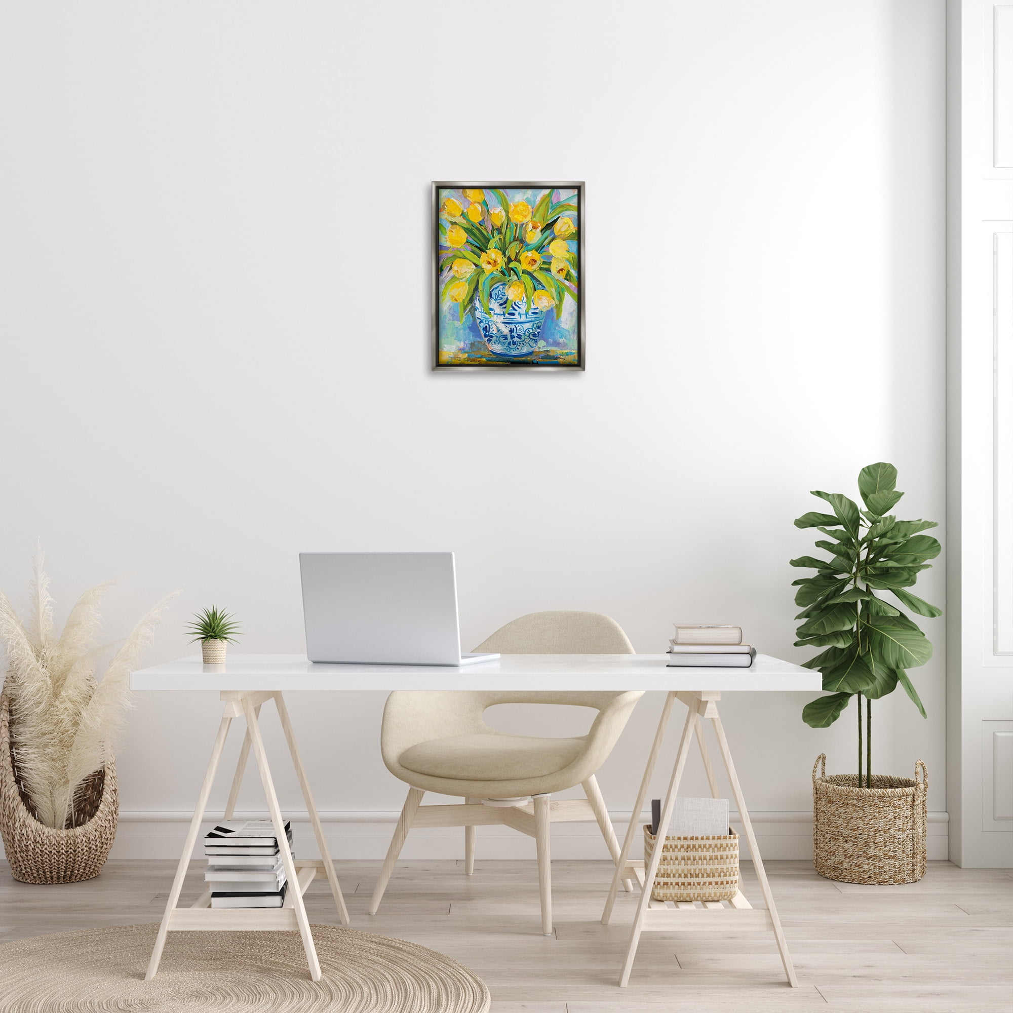 Stupell Industries Expressive Yellow Tulips in Vase Botanical & Floral Painting Gray Floater Framed Canvas Art Print Wall Art, 17 x 21