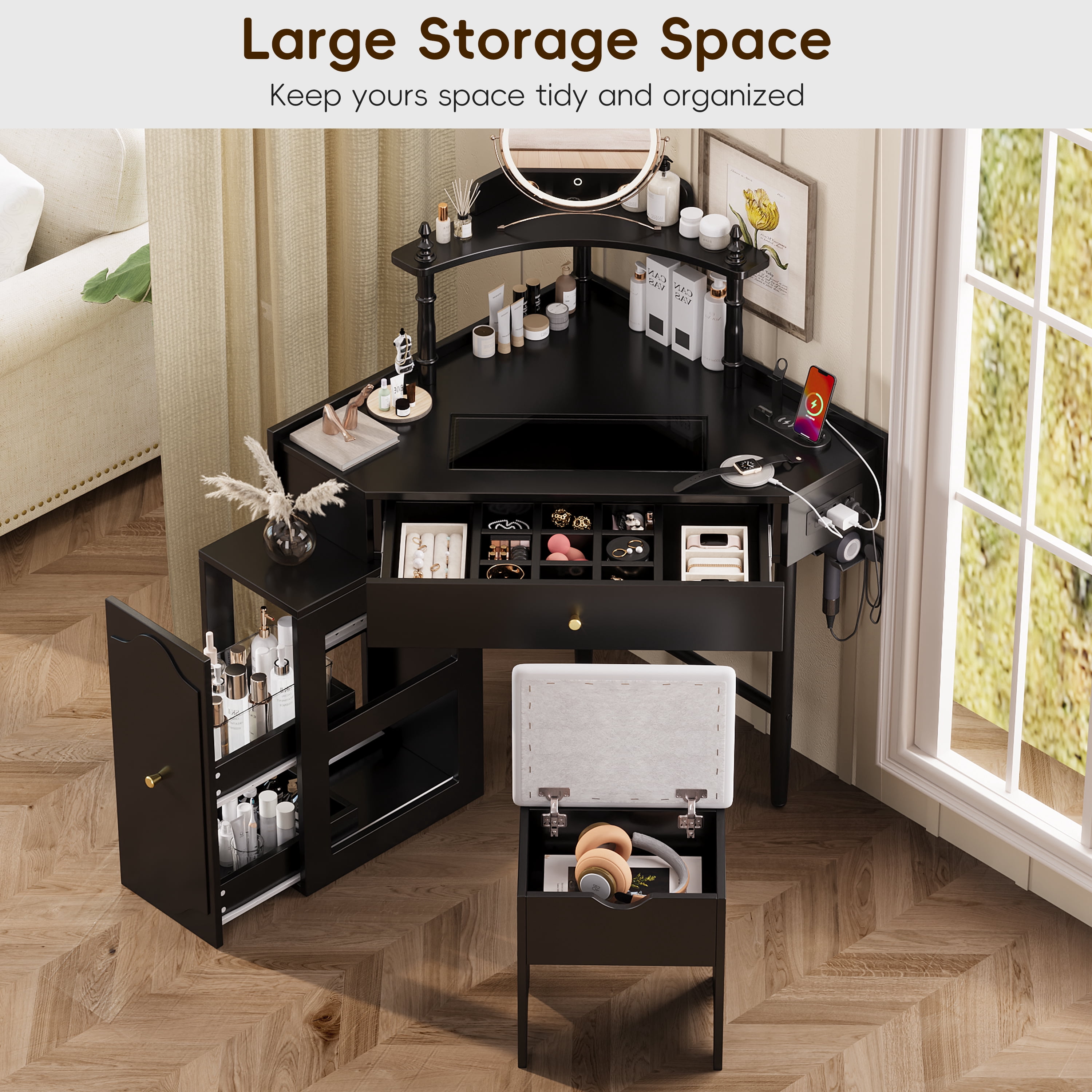 Euroco Corner Vanity Desk Set with Storage Cushioned Stool and Charging Station, Triangle Makeup Desk with Removable Pull-Out Side Cabinet, Glass Tabletop Makeup Vanity Desk,Black