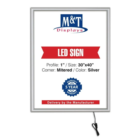 M&T Displays Best Buy Ledbox LED Backlit Poster Frame 30x40 Inch Silver 1" Aluminum Profile Front Loading Photo Picture Advertisement Sign Holder Mitered Corner Anti Glare Cover