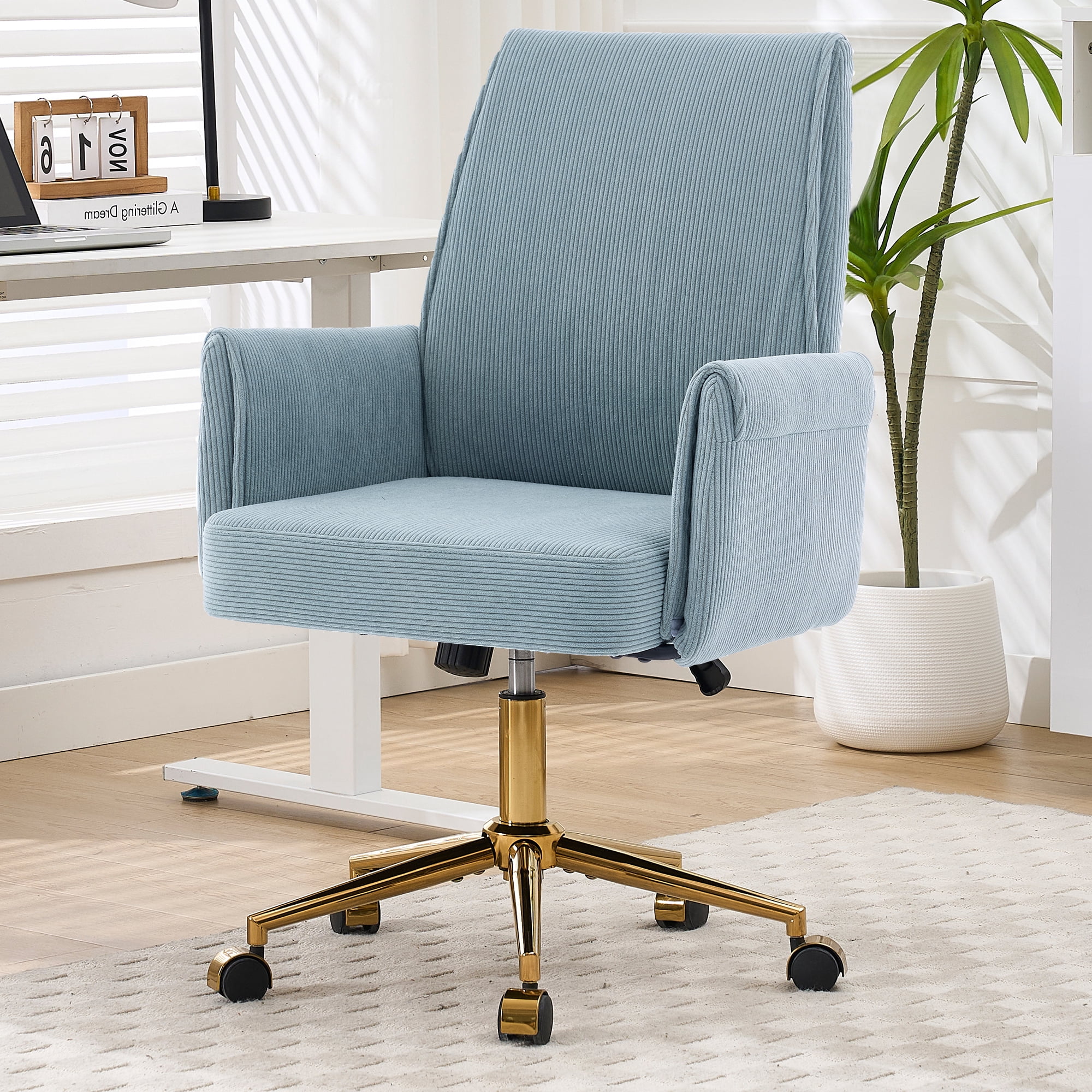 Leumius Mid-Back Liftable Office Chair with Striped Fabric and Ergonomically Designed Accent Chairs for Office Bedroom Dressing Table Blue