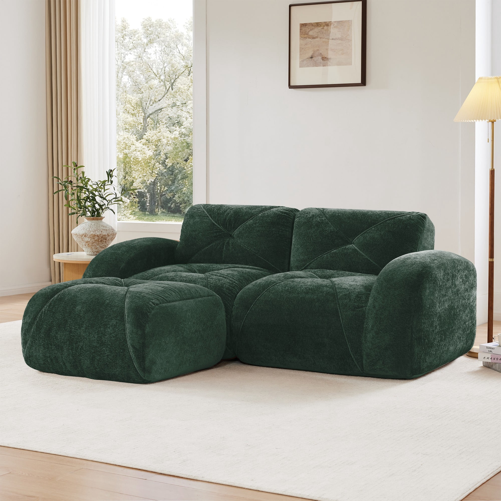 L-Shaped Boneless Sofa, Soft Velvet Fabric, Tufted Design, 32D High Density Sponge, No Assembly Required, Ergonomic Design Bottom, Anti-Slip Design, Movable Ottoman for Bedrooms (Green)