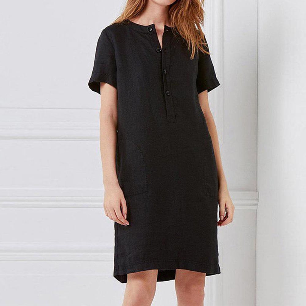 Women Linen Cotton Dress Straight Midi Dress with Button Pockets Short