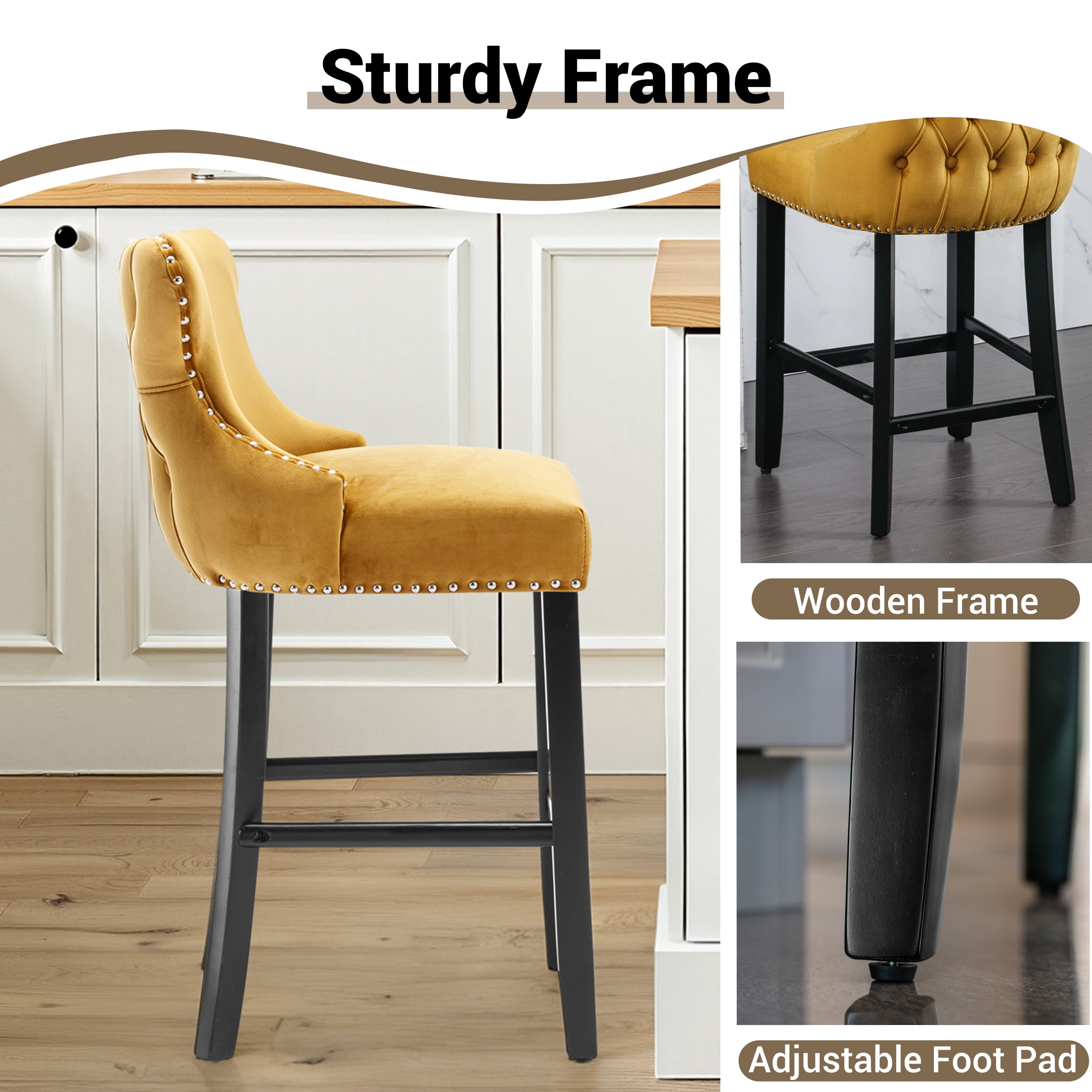 Bar Stools Set of 2, LegaHome 26" Counter Height Bar Stools with Back Sets of 2, Velvet Upholstered Bar Stool with Button Tufted & Nailhead Trim, Counter Stool for 35-39" Kitchen Island, Yellow