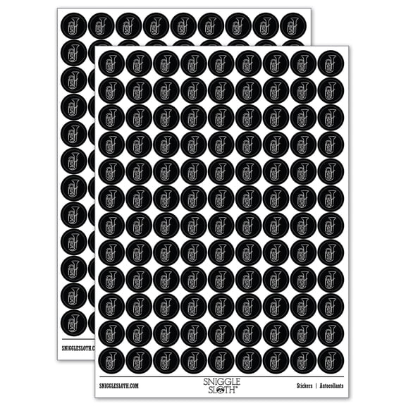 Tuba Music Instrument Sketch 200 Round Stickers - Black - Gloss Finish - 0.50" Size