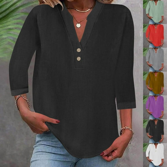 ZZwxWA 3/4 Sleeve Linen Tops for Women 2025 Loose Fit V Neck Button Down Shirts Cute Solid Summer Beach Tee Shirts