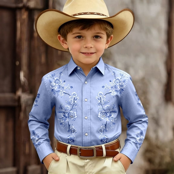 FYDUU Kids Boys Cowboy Shirts Western Retro Button-Down Shirt Printed Long Sleeve Shirts For Boys Festival Party Tops Casual Dressy Blouses 6-7 Years