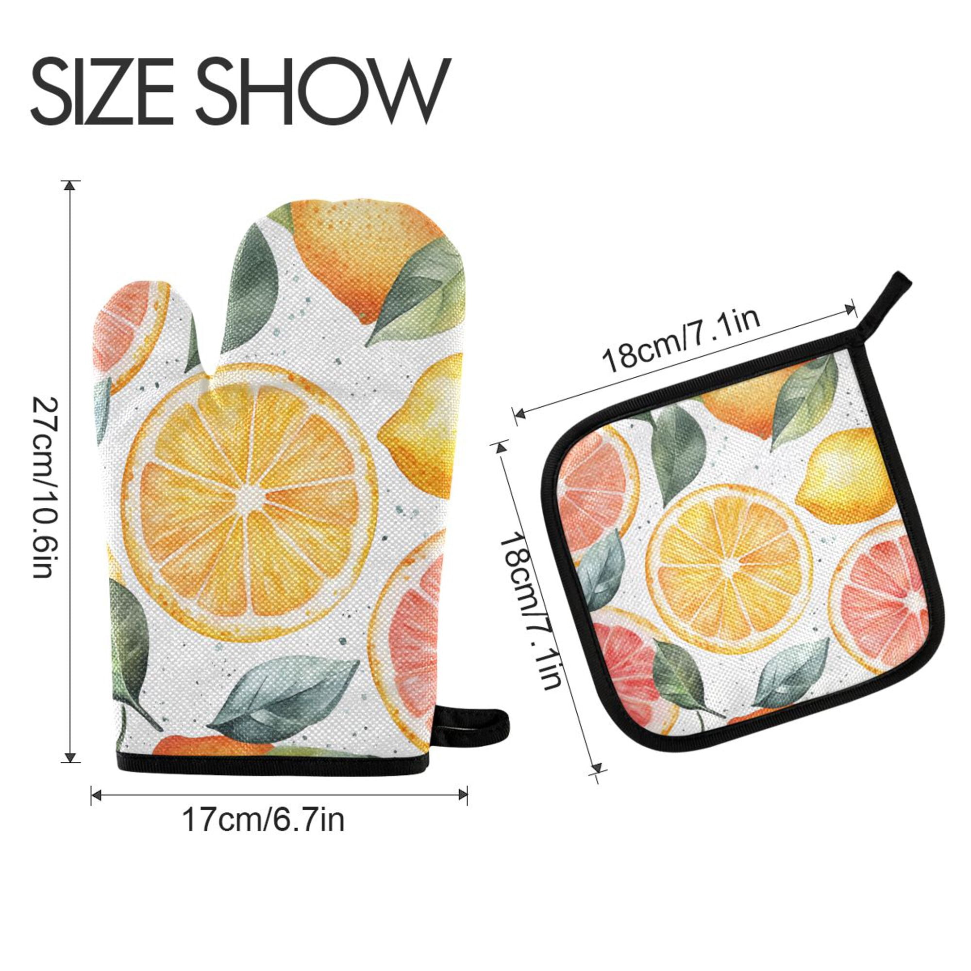 Yayeee Oven Mitts and Pot Holder Set of 4 Heat Resistant Kitchen Gloves Baking Hot Pad, Candy Lemon Slices