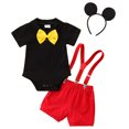 thumbnail image 2 of IBTOM CASTLE Baby Boys Gentleman First Birthday Cake Smash Outfit Bowtie Romper+Suspenders Short Pants+Mouse Ears Headband 9-12 Months Yellow-Red, 2 of 8