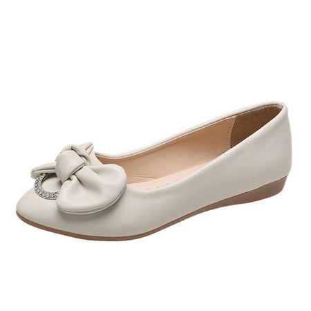 

nsendm Female Shoes Adult Casual Shoes Women Size 9 Leather Bow Rhinestone Decorative Flat Casual Shoes Womens Shoes Casual Dress with Short Heel Beige 7.5
