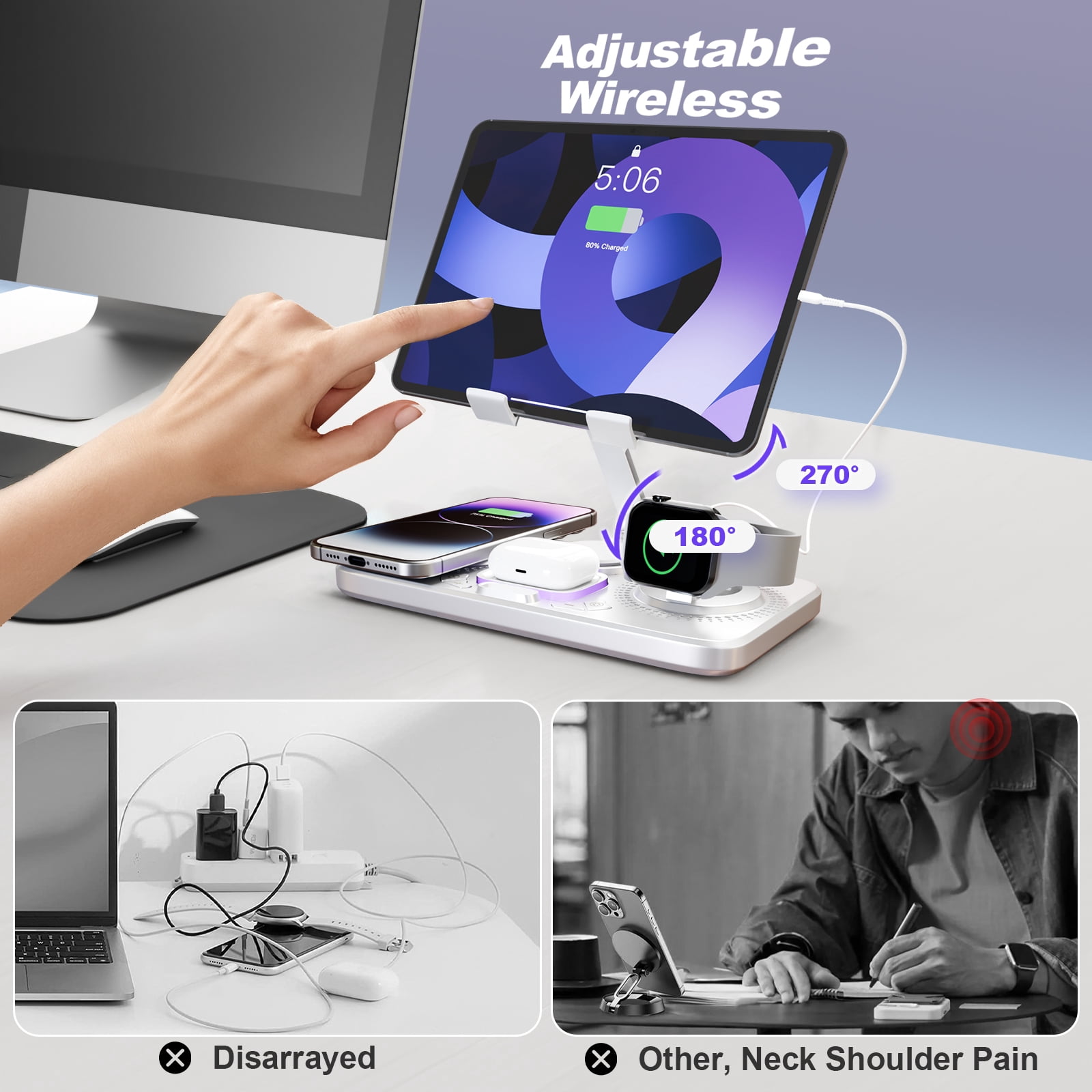 7 in 1 Wireless Charger for iPhone Airpods iWatch, Foldable Charging Station , Compatible with Apple 12 and above series, White