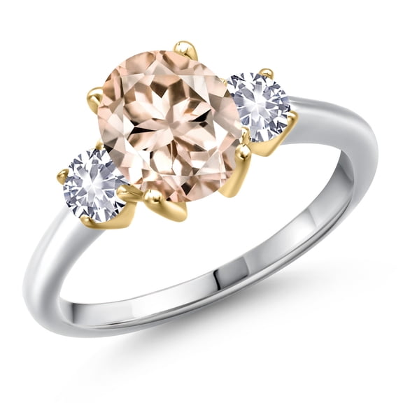 Gem Stone King 10K Two Tone Gold Peach Morganite and White Created Sapphire Engagement Ring for Women | 2.10 Cttw | Oval 9X7MM | Gemstone October Birthstone | Size 6