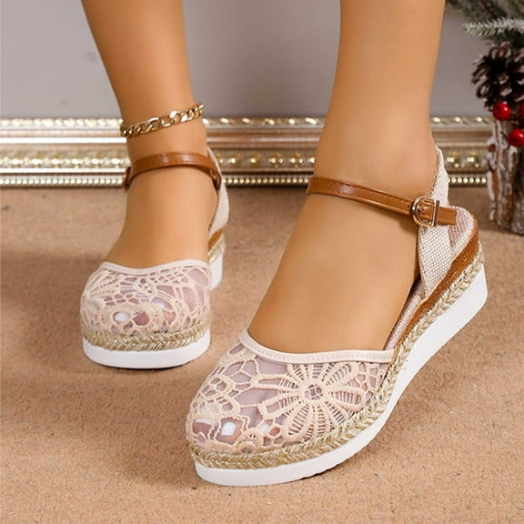 Viluyesy Womens Espadrilles Sandals, Ankle Strap Floral Mesh Closed Toe Summer Wedge Shoes Beige