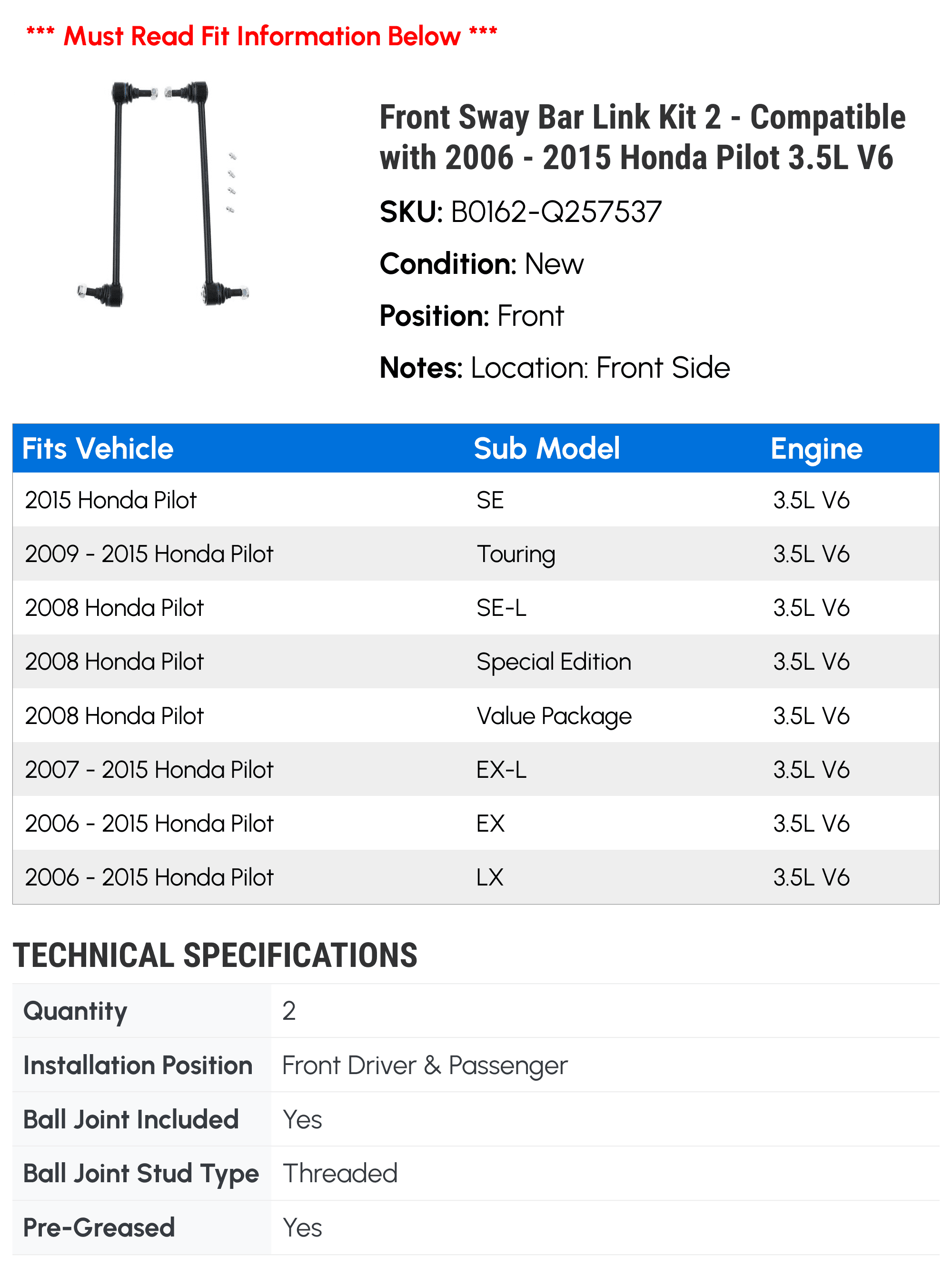 Front Sway Bar Link Kit 2 - Compatible with 2006 - 2015 Honda Pilot 3.5L V6 - Autopart Premium