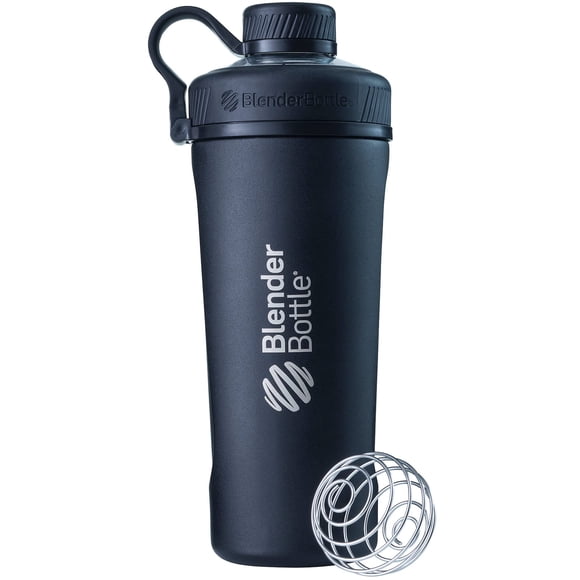 BlenderBottle Radian Botella mezcladora, botella de agua de acero inoxidable aislada con batidor de alambre, 26 oz, negro mate