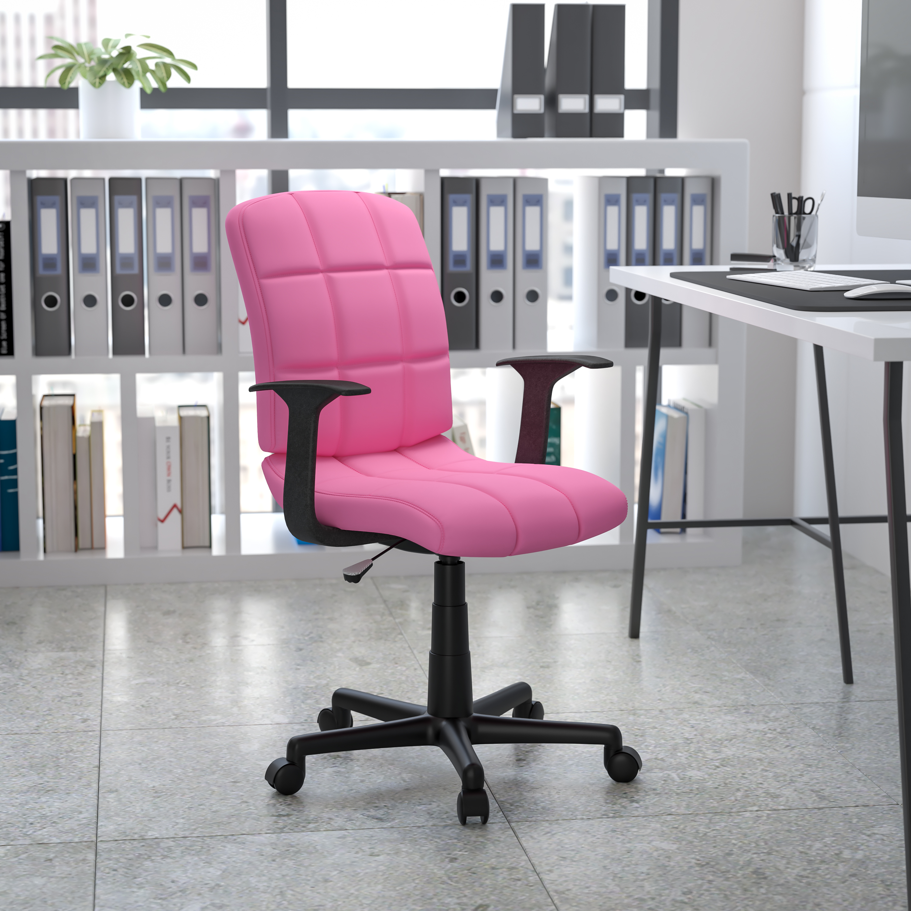 Flash Furniture Mid-Back Pink Quilted Vinyl Swivel Task Office Chair with Arms - image 2 of 13