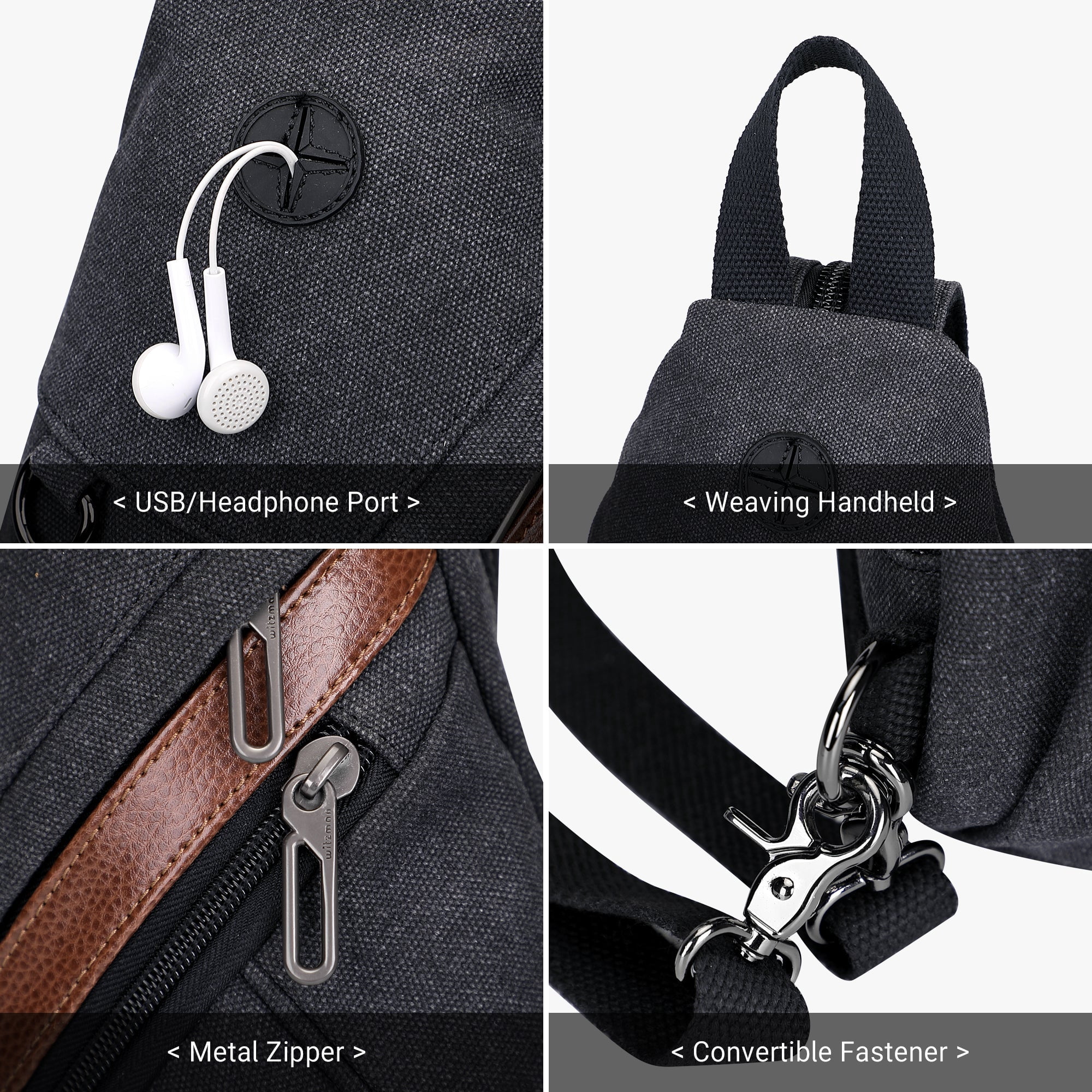 WITZMAN Canvas Sling Bag for Men Women Convertible Sling Backpack Crossbody Vintage Chest Bag Travel Casual Daypack(A8003 Black)